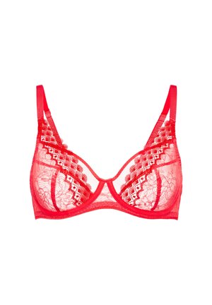 Punainen pitsinen vanutoppi, jossa on kukka- ja geometrisia kirjontakuvioita sekä säädettävät olkahihnat valkoisella taustalla.