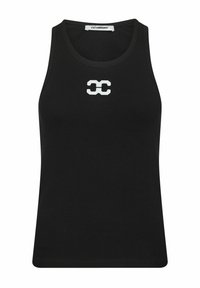 Black ribbed tank top featuring a white graphic logo at the center, with a rounded neckline and fitted shape.