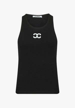 Top de tip tank negru cu benzi, având un logo grafic alb în centrul său, cu decolteu rotund și o croială ajustată.