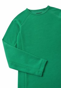 Zielona długosleeve'owa koszulka termiczna z fakturowanym wykończeniem, okrągłym dekoltem i rękawami raglanowymi. Posiada kontrastowe przeszycia wzdłuż szwów.