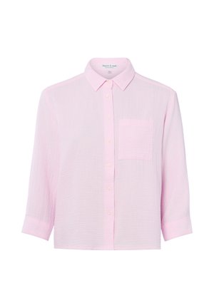 Hellrosa Hemd mit Knöpfen, Kragen, langen Ärmeln und einer Brusttasche, gefertigt aus strukturiertem Stoff.