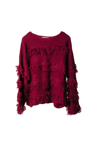 Maglione lavorato a maglia bordeaux con dettagli a frange orizzontali, colletto tondo e maniche ampie. Il materiale testurizzato aumenta l'interesse visivo.