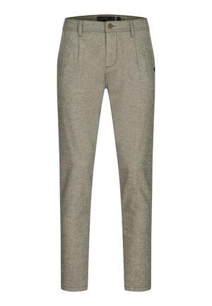 Chinos gris claro con un patrón texturizado sutil, pliegues frontales, cierre de botón y bolsillos laterales. Diseño ajustado.