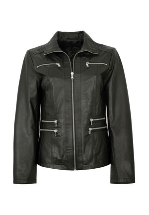 Schwarze Lederjacke mit kragenförmigem Ausschnitt, frontseitigem Reißverschluss und vier Reißverschlusstaschen; verfügt über eine glatte Textur und eine taillierte Passform.