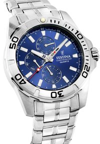 Orologio in acciaio inossidabile con quadrante blu, sottoquadranti argentati e indici luminescenti. Dotato di un robusto cinturino in metallo e resistenza all'acqua fino a 10 bar.