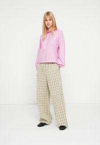 Roosa pikkade varrukatega nööpidega särk, millele on sobitatud rohelist ja kreemjat ruudulist laia säärega pükst. Modelli jalas on mustad lamedad jalanõud.