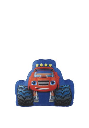 Red monster truck with big tires, smiling face, and four yellow lights on top against a blue background, shaped like the truck.