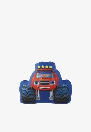 Roter Monstertruck mit großen Reifen, einem lächelnden Gesicht und vier gelben Lichtern oben vor einem blauen Hintergrund, der wie der Truck geformt ist.