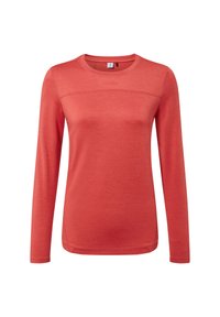Coral long-sleeve crew neck shirt with visible seam across the chest and subtle brand logo centered below neckline.