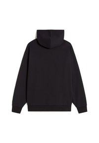 Sweat à capuche noir au design décontracté, fabriqué en tissu doux, avec un ourlet et des poignets côtelés. Le dos est lisse sans aucun logo.