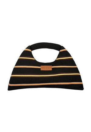 Borsa triangolare nera con strisce orizzontali gialle e arancioni e un'etichetta marrone con la scritta "MEFUI" al centro davanti.