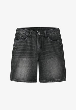 Mustad pestud teksapüksid, millel on ees nööp, vööaasad ja viie taskuga stiil.