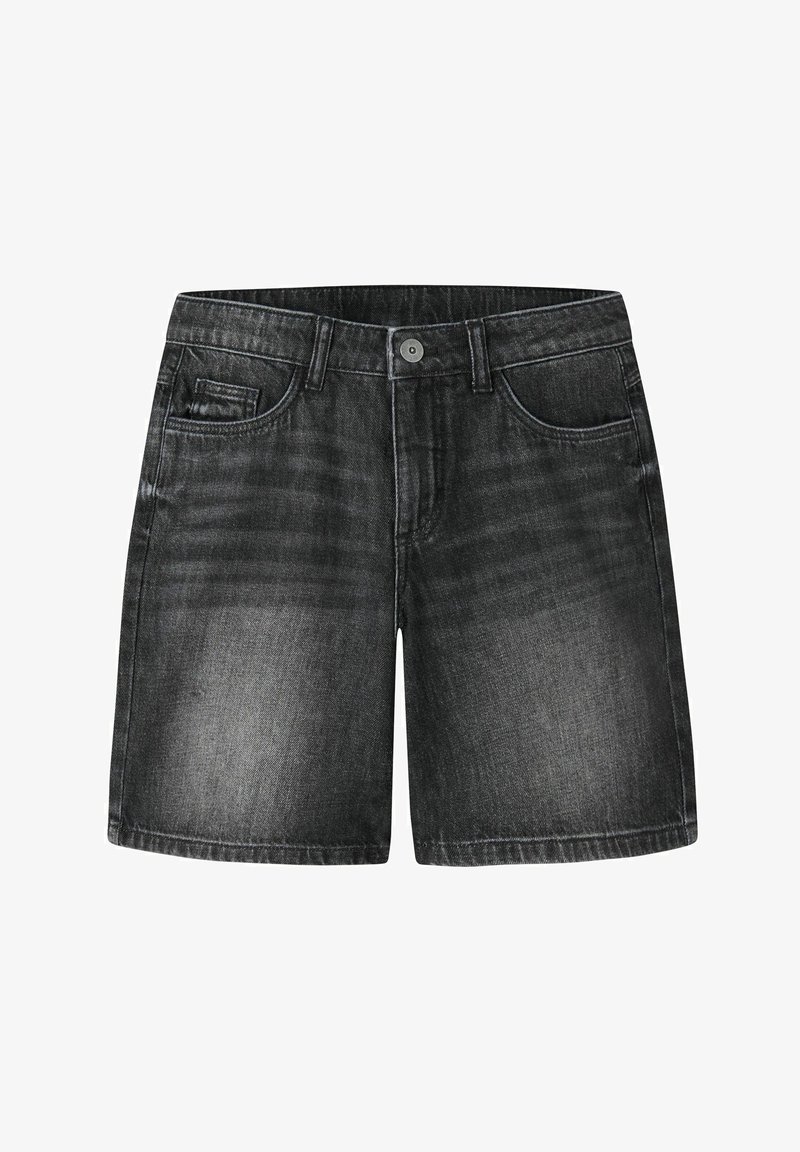 Melnas mazgātas džinsa šortenes ar priekšpuses pogu, jostu cilpām un piecu kabatu dizainu.