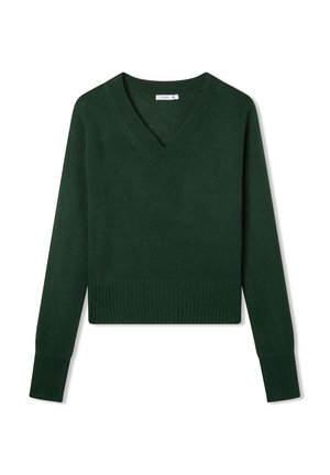Maglione corto verde a maglia con scollatura a V e polsini e orlo a coste. Tessuto morbido con un design semplice e pulito.