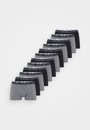 Set of ten cotton boxer shorts in gray and black, featuring a branded elastic waistband. Each short has a fitted design and smooth texture.
