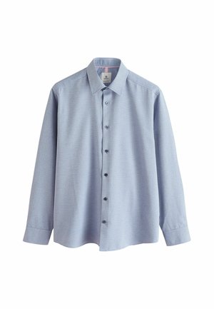 Light blue long-sleeve shirt featuring a small geometric pattern, button-down collar, and dark blue buttons. Smooth fabric texture.