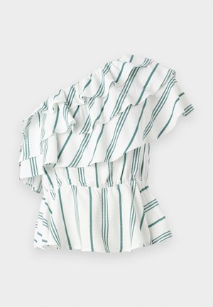 Top de un solo hombro en blanco con rayas verdes, que presenta detalles con volantes y una cintura fruncida para un efecto peplum. Tejido suave.