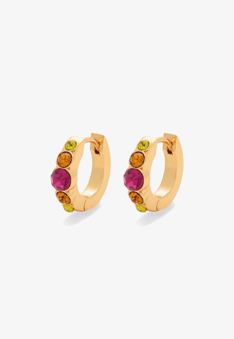 Boucles d'oreilles en or, ornées de cinq gemmes colorées variées : rose, orange et verte. Fini lisse et poli avec un fermoir sécurisé.