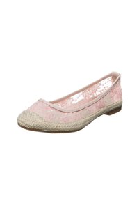 Bailarinas de encaje rosa con suela de yute trenzado, que presentan una punta redondeada y una parte superior de encaje transparente con un detalle de patrón floral.