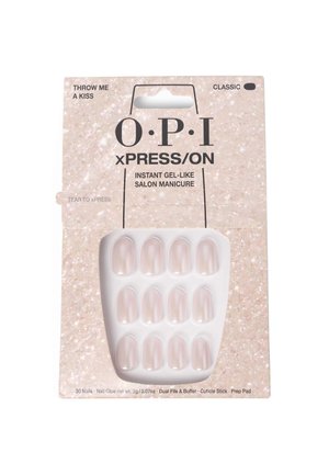 Set de manicure instantanée gel-like OPI xPress/On avec 30 ongles en gel nude dans un plateau en plastique transparent, enfermé dans un emballage en carton rose scintillant.