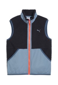 Gefütterte Weste mit einem Design aus marineblauen und hellblauen Paneelen, Fleece-Oberfläche, hohem Kragen und einem leuchtend orangefarbenen Reißverschluss. Enthält Seitentaschen.