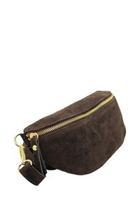 Sac banane en daim marron avec une fermeture éclair dorée, forme rectangulaire, poche zippée et une sangle amovible. Texture douce et design simple.