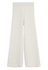 Wijde broek in crèmekleurige textuurrijke stof. Voorzien van een effen tailleband en een zacht geweven patroon voor extra visuele aantrekkingskracht.