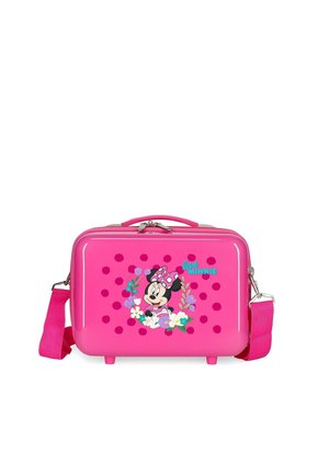 Maleta infantil de color rosa brillante con asa y correa, decorada con Minnie Mouse, corona floral, lunares y texto "amor Minnie".