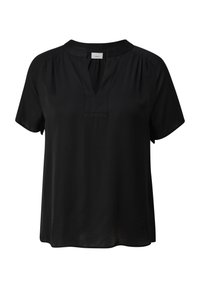Zwarte blouse met korte mouwen van lichte stof, met een notch-hals en subtiele plooien op de schouders. Glad textuur, ontspannen pasvorm.