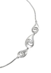 Collana in argento con tre link a forma di goccia, ognuno adornato con linee curve di piccoli brillanti bianchi.