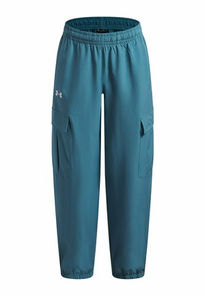 Turkooizen cargobroek met een elastische tailleband, twee zijzakken en een losse pasvorm. Gemaakt van lichtgewicht materiaal, ontworpen voor comfort en bewegingsvrijheid.