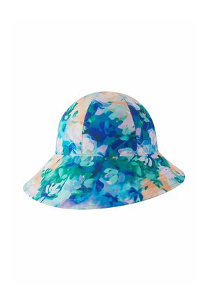 Cappello a secchiello con motivo floreale nei toni del blu, verde, viola e pesca, con tesa larga e pannelli cuciti.