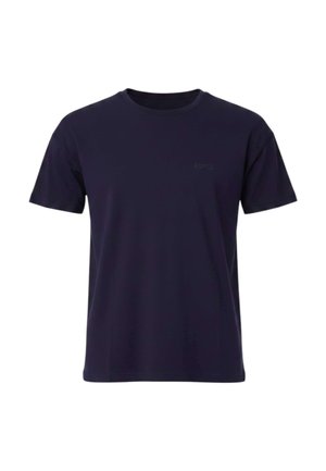 T-shirt blu navy scuro a maniche corte con collo rotondo e piccolo logo discreto sul petto sinistro, design semplice.