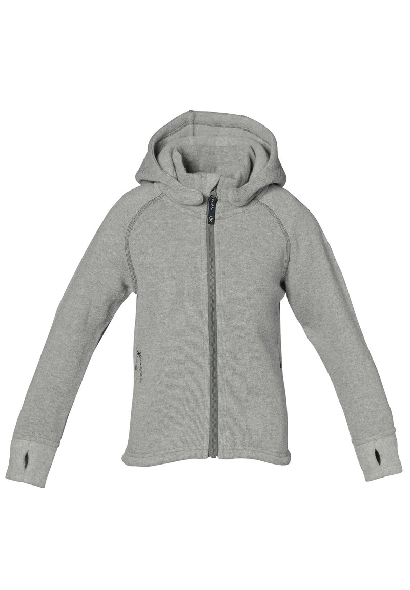 Grå zip-up hættetrøje lavet af blødt stof, med hætte, sidelommer og tommelhuller i ærmerne. Glat tekstur og strømlinet design.