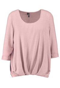 Helles Pink, weit geschnittenes Oberteil mit rundem Ausschnitt, drei Viertel-Ärmeln und einem gerafften unteren Saum für eine lässige Silhouette.