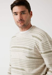 Beżowy sweter w oliwkowe paski, okrągły dekolt, fakturowany wzór dzianiny i długie rękawy. Prosty design, odpowiedni na codzienne noszenie.