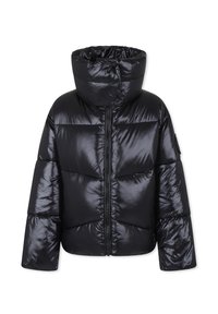 Giubbotto a imbottitura nera con cappuccio, texture lucida, zip frontale e ampie sezioni cucite, che conferiscono un aspetto voluminoso.