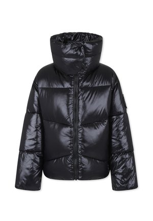 Giubbotto a imbottitura nera con cappuccio, texture lucida, zip frontale e ampie sezioni cucite, che conferiscono un aspetto voluminoso.