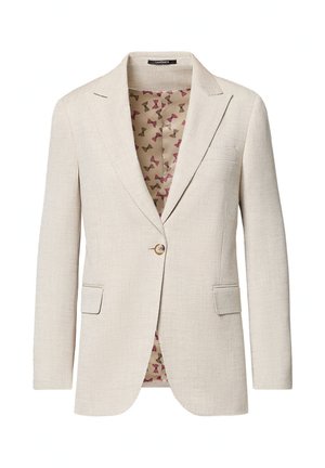 Beżowa marynarka na jeden guzik z klapami z nacięciem, dwie kieszenie z patkami i wewnętrzną podszewką w motyw motyli.