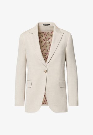 Beżowa marynarka na jeden guzik z klapami z nacięciem, dwie kieszenie z patkami i wewnętrzną podszewką w motyw motyli.