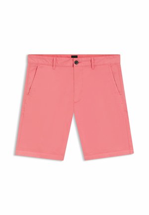 Koraalroze knielange short met knoop aan de voorkant, rits, lussen voor een riem en zijzakken, weergegeven tegen een witte achtergrond.