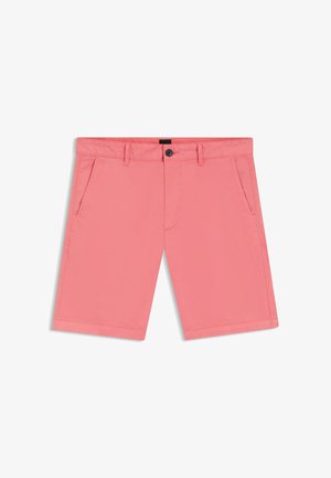 Koraalroze knielange short met knoop aan de voorkant, rits, lussen voor een riem en zijzakken, weergegeven tegen een witte achtergrond.