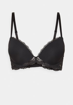 Black lace and smooth fabric bra with triangular cups, decorative scalloped lace trim, and adjustable shoulder straps.