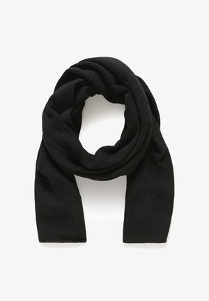 Zwarte sjaal gemaakt van zachte, textuurstof, met een lange, rechthoekige vorm en gedrapeerde lussen, geschikt voor warmte en layering.