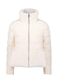 Veste rembourrée en tissu doux crème avec un col haut, fermeture éclair intégrale et panneaux inférieurs en peluche. Présente un design matelassé et une texture lisse.