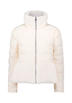 Veste rembourrée en tissu doux crème avec un col haut, fermeture éclair intégrale et panneaux inférieurs en peluche. Présente un design matelassé et une texture lisse.
