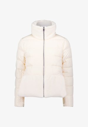 Puff-Jacke aus weichem Creme-Stoff mit hohem Kragen, vollem Reißverschluss und flauschigem unteren Bereich. Verfügt über ein gestepptes Design und eine glatte Textur.