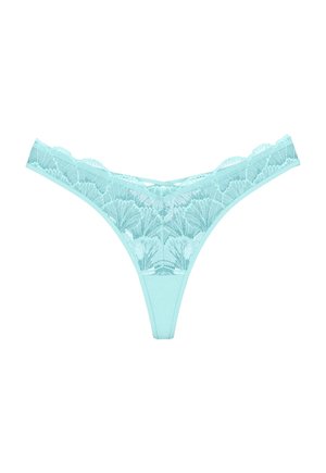 Gaiši zils mežģīņu tanga ar viļņotām malām un ziedu rakstiem, ar šauru priekšpusi un smalku tīkla audumu.