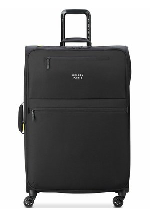 Valise à roulettes noire en matériau souple avec une poignée télescopique, deux poches zippées à l'avant, une poignée sur le côté et le logo "Delsey Paris".