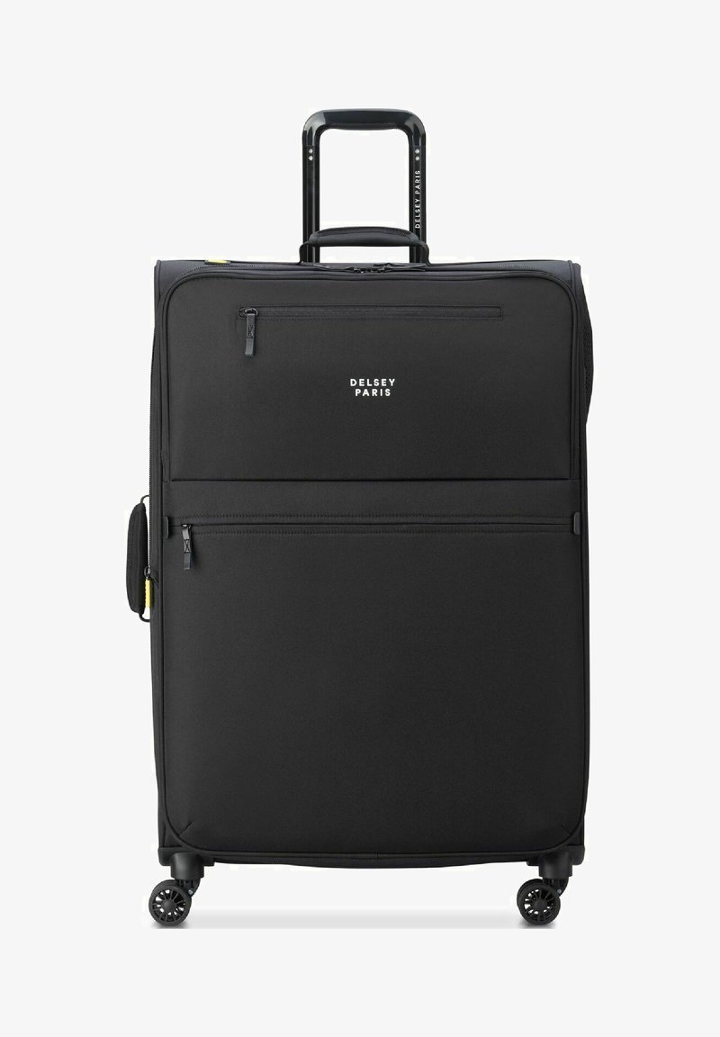 Valigia nera rigida con ruote, manico telescopico, due tasche anteriori con zip, manico laterale e logo "Delsey Paris".